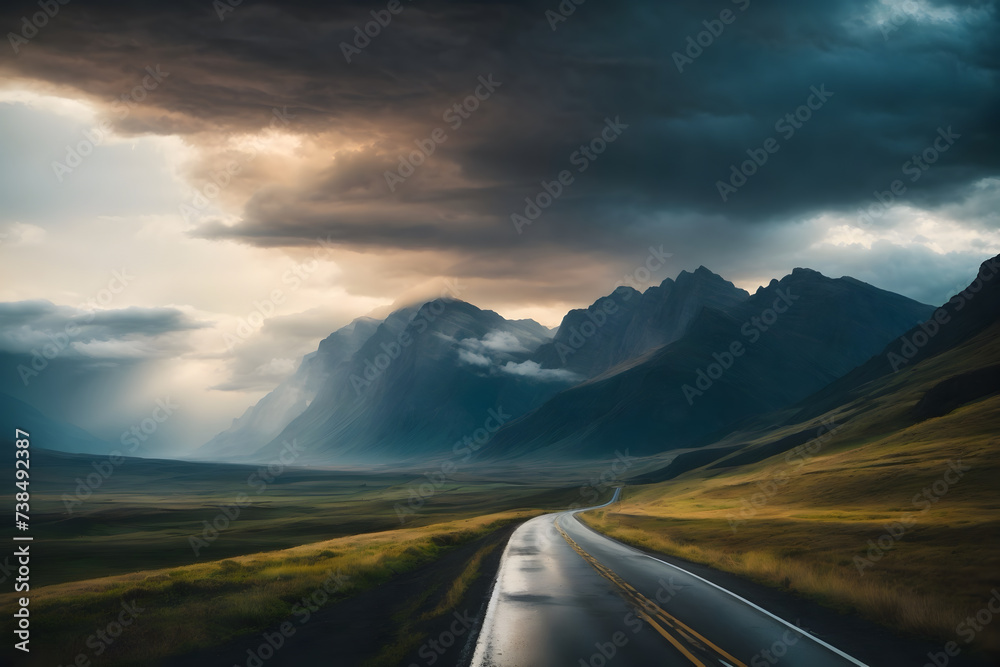 A landscape of a highway road and mountains
