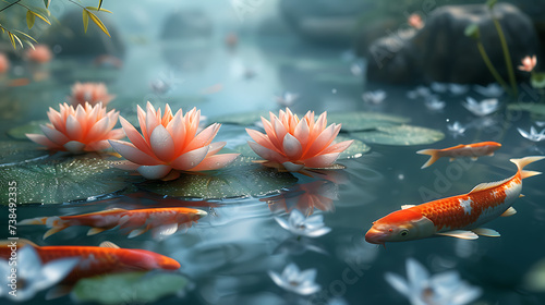 koi fish pond wallpaper with pink lotus flower, in the style of realistic