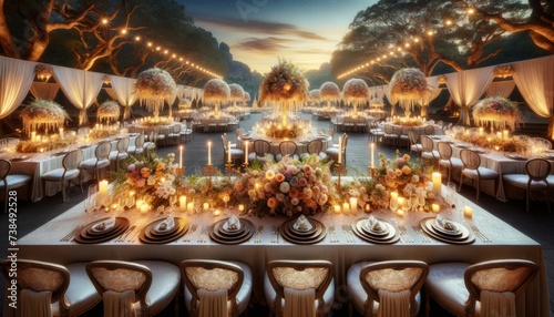 Elegant setup for an outdoor wedding reception at dusk