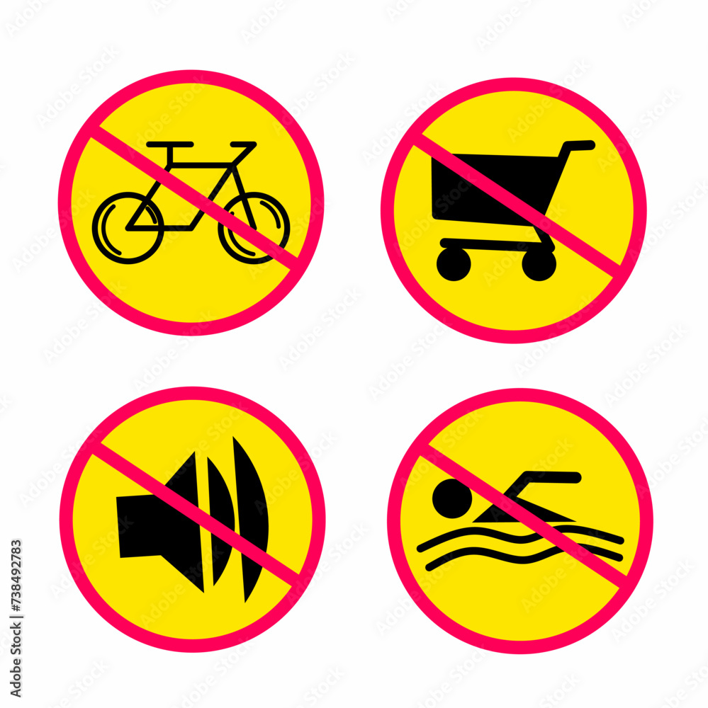 Warning signs are prohibited from cycling, prohibited from making loud noises, prohibited from swimming and prohibited from using shopping rollers with yellow circles. Isolated on white background Warning signs are prohibited from cycling, prohibited from making loud noises, prohibited from swimming and prohibited from using shopping rollers with yellow circles. Isolated on white background