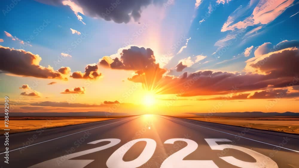 New year concept. Number 2025 on empty road with beautiful sunset sky abstract background.