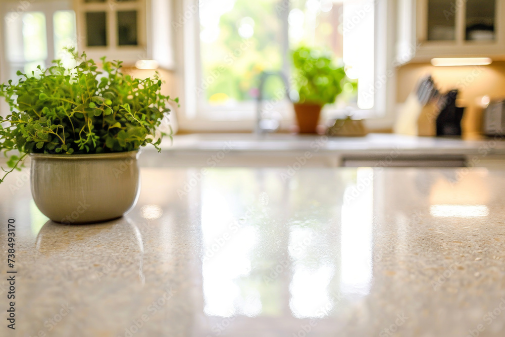 Close-up shot on white stone countertop in a modern kitchen with lovely plants and sunlights, by taking selected focus and minimalistic style for copy space...
