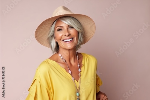 Portrait of a beautiful mature woman in hat and yellow blouse