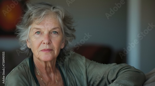 mature woman, radiating seriousness and positivity as she gazes into the camera, captured in a casual setting at home.
