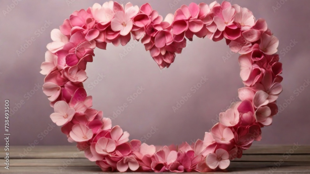 A heart-shaped frame filled with pink flower petals A heart-shaped frame filled with pink flower petals