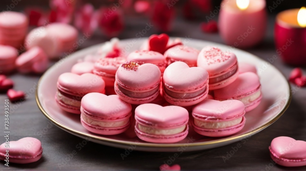Pink heart-shaped macarons arranged on a plate Pink heart-shaped macarons arranged on a plate