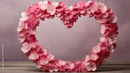 A heart-shaped frame filled with pink flower petals