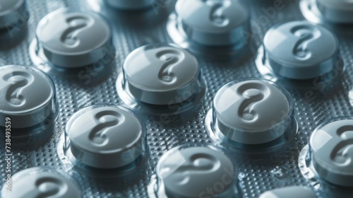 A close-up photograph showcases a distinctive blister pack containing tablets, each embossed with a question mark.