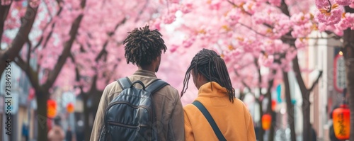 In the backdrop of Japan's sakura bloom, a mixed-race couple travels together, their view captured from behind.