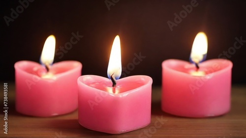 Pink heart-shaped candles burning brightly, casting a warm glow