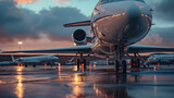 A private jet sits on the runway at sunset. The sky is filled with clouds and the sun is setting behind the plane.