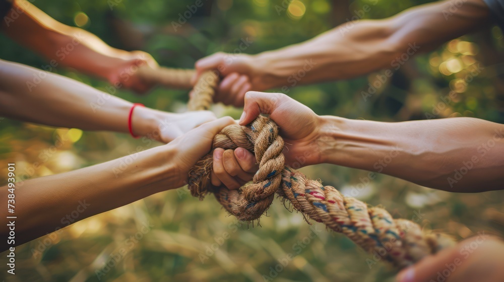 A tug of war competition unfolds as hands grip the rope firmly, symbolizing the essence of teamwork and collaboration - obrazy, fototapety, plakaty 