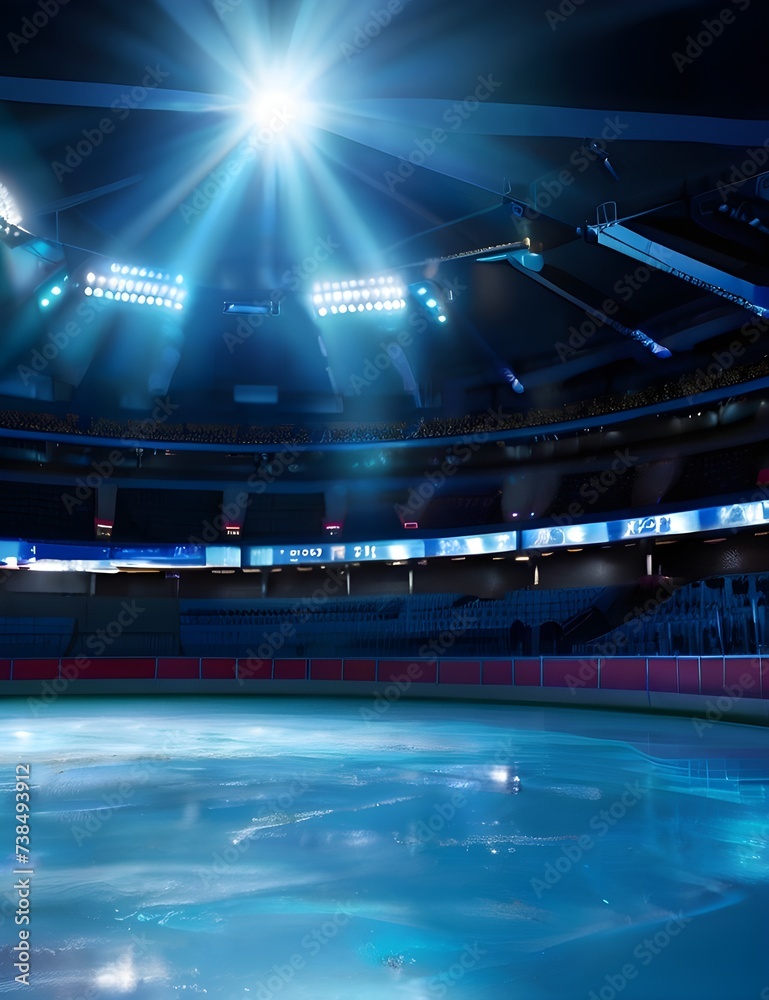 Blue Ice Rink Background. Professional Arena illuminated neon lights, spotlights with smoke. Copyspace. Winter poster for hockey competitions. Ice skating. Stadium. Generative AI