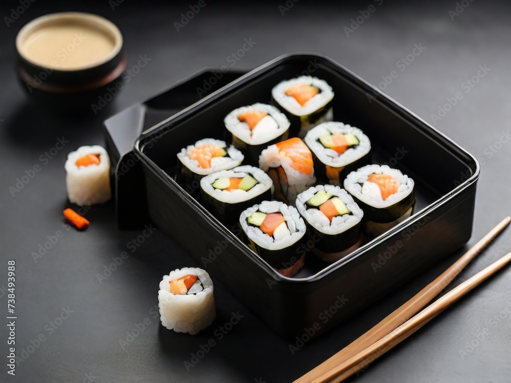 A lunch box with sushi rolls and soy sauce, placed on a black surface A lunch box with sushi rolls and soy sauce, placed on a black surface