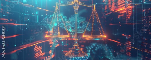 Illustrating the notion of unbiased artificial intelligence, scales of justice are juxtaposed against a futuristic blue data network background photo
