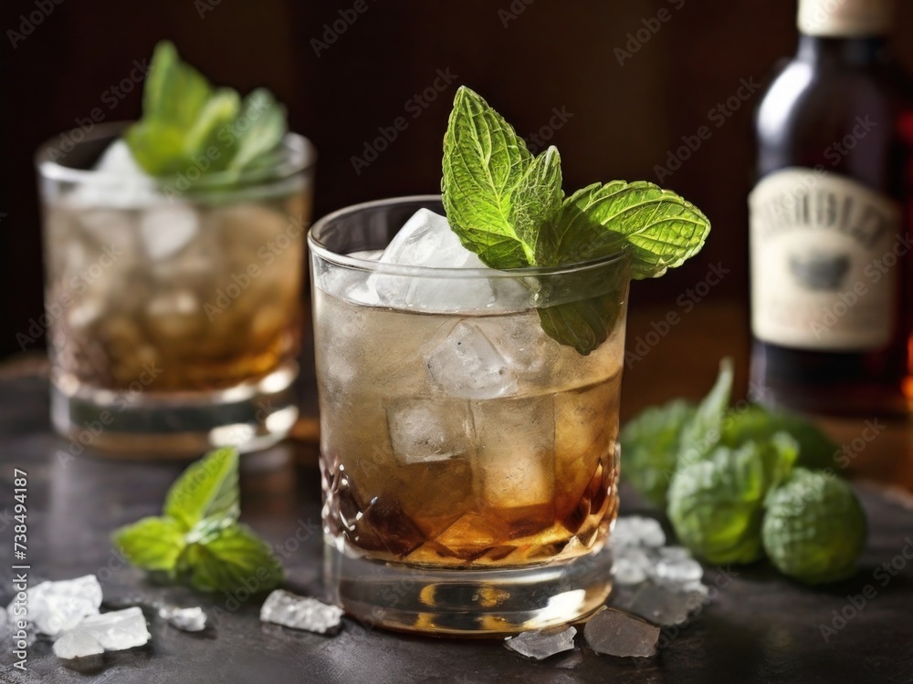 A refreshing mint julep with bourbon, mint leaves and simple syrup A refreshing mint julep with bourbon, mint leaves and simple syrup