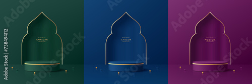 Set of ramadan kareem 3D purple, blue, green cylinder podium background in gate mosque shape Gold ball. Eid al Adha Mubarak design minimal scene mockup product stage showcase, Banner promotion display