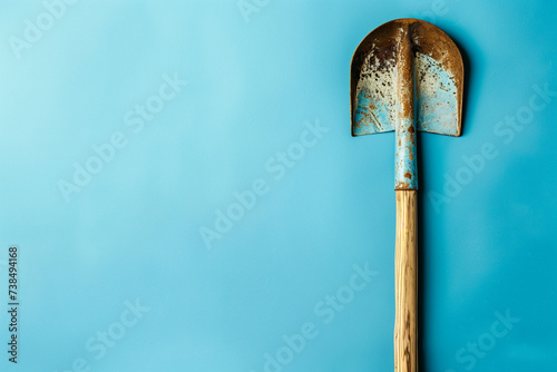 dirty shovel or spade isolated on plain blue studio background with plain text space
