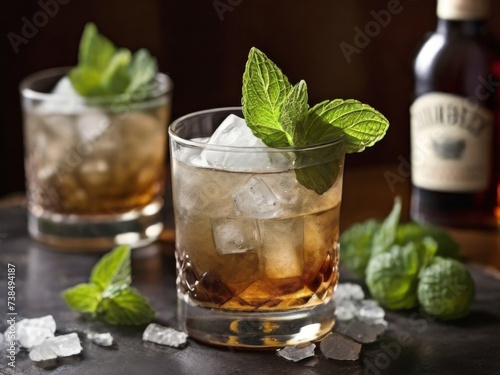 A refreshing mint julep with bourbon, mint leaves and simple syrup