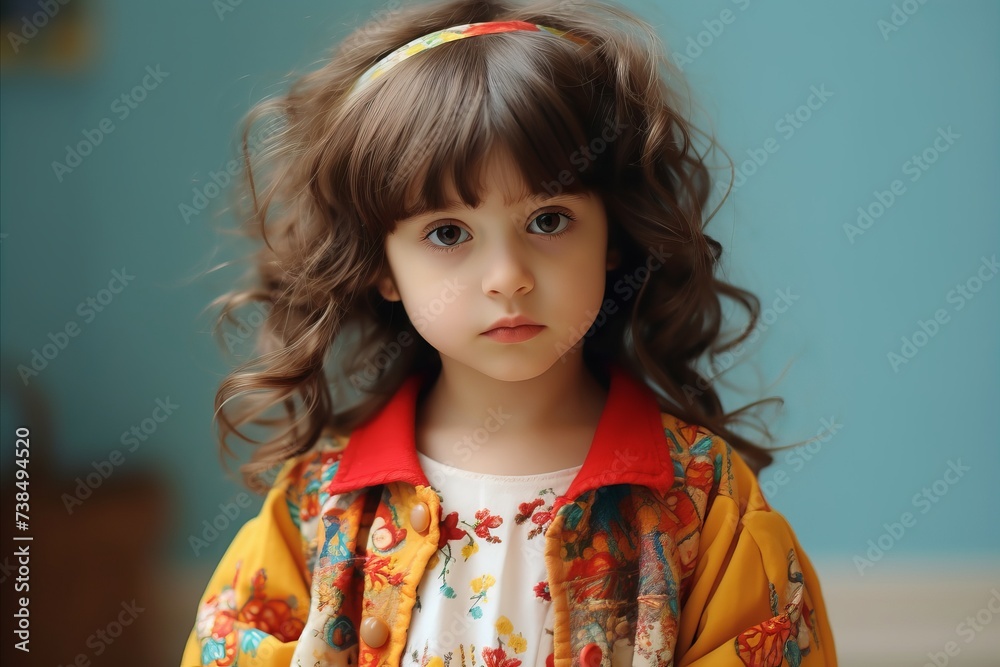 Portrait of a beautiful little girl with long curly hair in a bright dress. Portrait of a beautiful little girl with long curly hair in a bright dress.