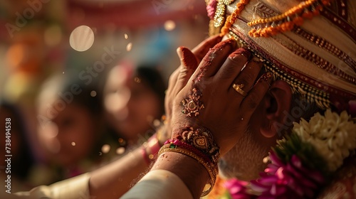 Close-Up of Old Indian Man, A Grandfather And Pandit, Being Embraced by Woman’s Hands Touching His Forehead, with Flowers Being Thrown on Him