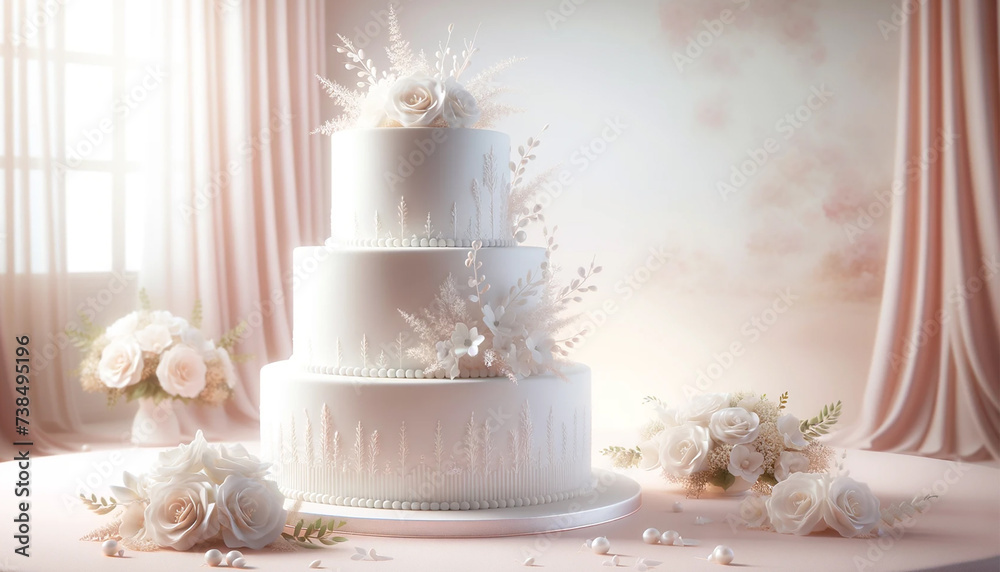 Wedding cake and rose flowers. Pure white soft light.generated AI. 
