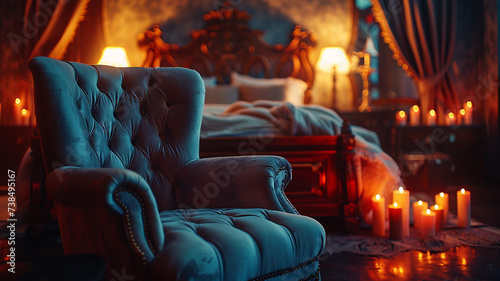 A luxurious bedroom retreat with a velvet tufted chair set, basking in the glow of dimmed lights and shimmering candle flames.