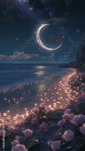 A magical night beach scene with a crescent moon and stars illuminating roses on the shore