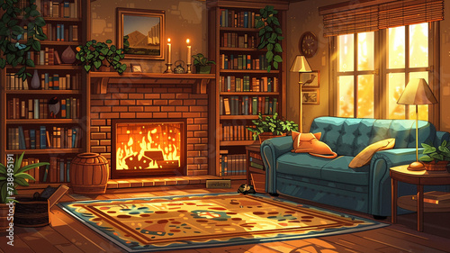 A cozy living room, with a fireplace and a sofa. A bookshelf is filled with books and ornaments. A rug is lying on the floor, with a coffee table and a lamp. A cat is sleeping on the sofa, snoring.