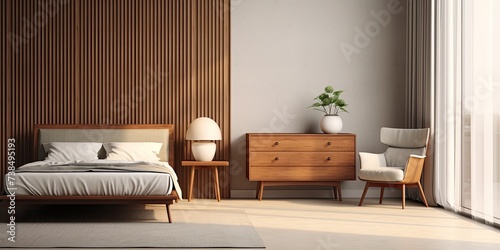 Mid-century modern bedroom with classic sideboard  wooden screen  carpeted floor  window  layered curtain  and retro armchair with side table in realistic .