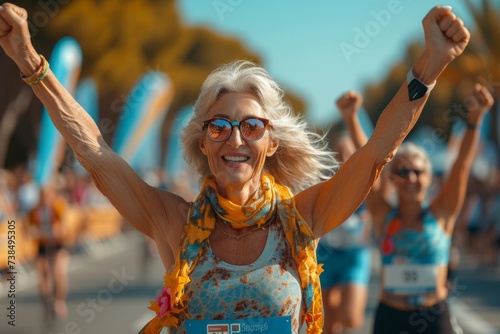 Exuberant senior woman celebrating at marathon, arms raised in victory, sunny day.