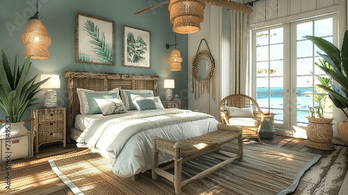 A coastal-themed bedroom boasting a wicker chair set, complemented by driftwood accents and serene ocean hues.