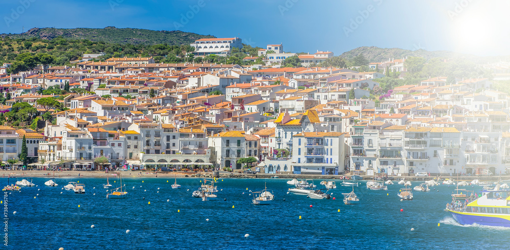 Famous village of Cadaques in sunny day on sunlight. Costa Brava.
