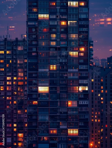 High-rise building at night with some windows illuminated, urban ambiance