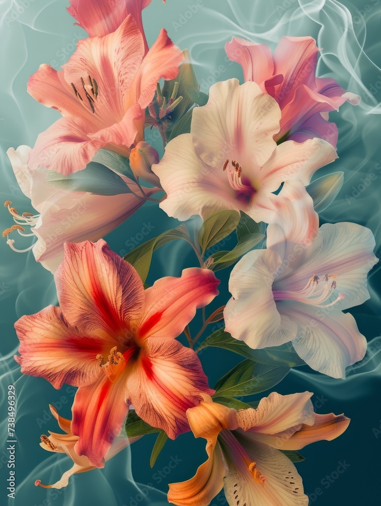 Digitally enhanced image of pink lilies and their reflections floating on tranquil water
