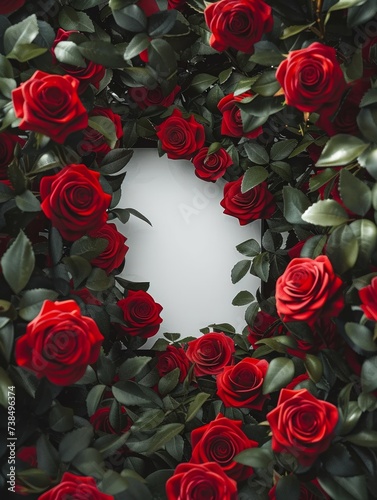 A heart-shaped frame of red roses with a white center for text