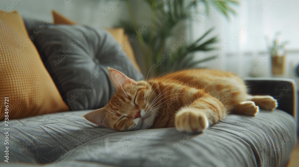 Ginger Cat Blissfully Sleeping on a Grey Couch with Pillows and Indoor Plants, Lazy cat sleeping and relax on a couch in living room