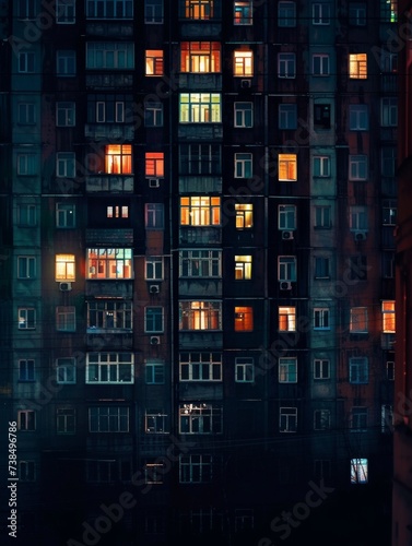 Colorful windows of an apartment block captured at night with a dark urban atmosphere