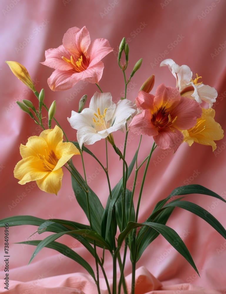 Fototapeta premium Beautiful daylilies and alstroemeria flowers in natural setting