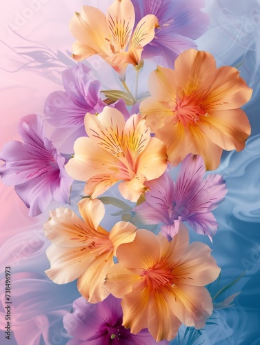 Vibrant orange and purple flowers with a dreamy blue and violet gradient background