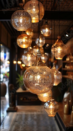Spherical lamps with intricate patterns hanging in a luxury interior