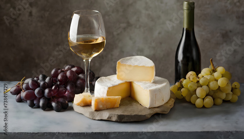 Brie cheese platter with grapes and vine on concrete background
