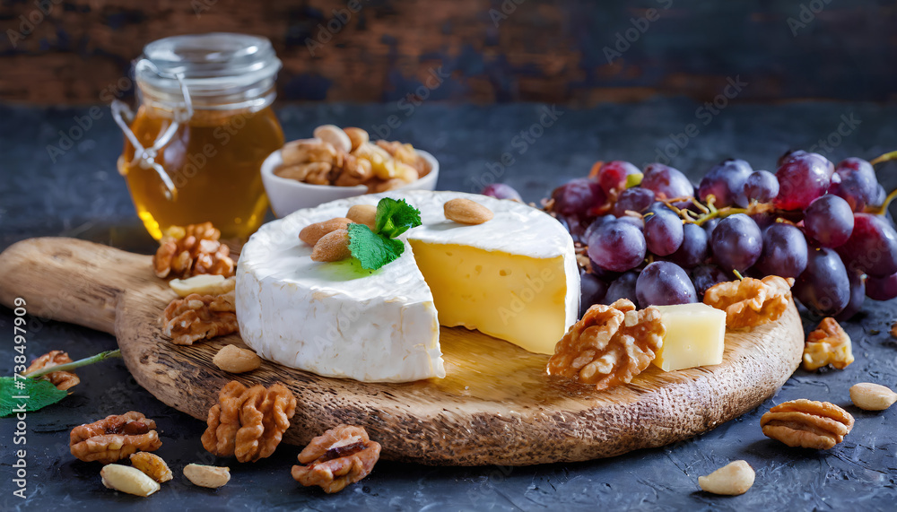 Brie cheese platter with grapes on wooden background