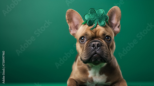 Merle French Bulldog dog wearing St. Patrick’s Day shamrock costume headband on green background, generative ai