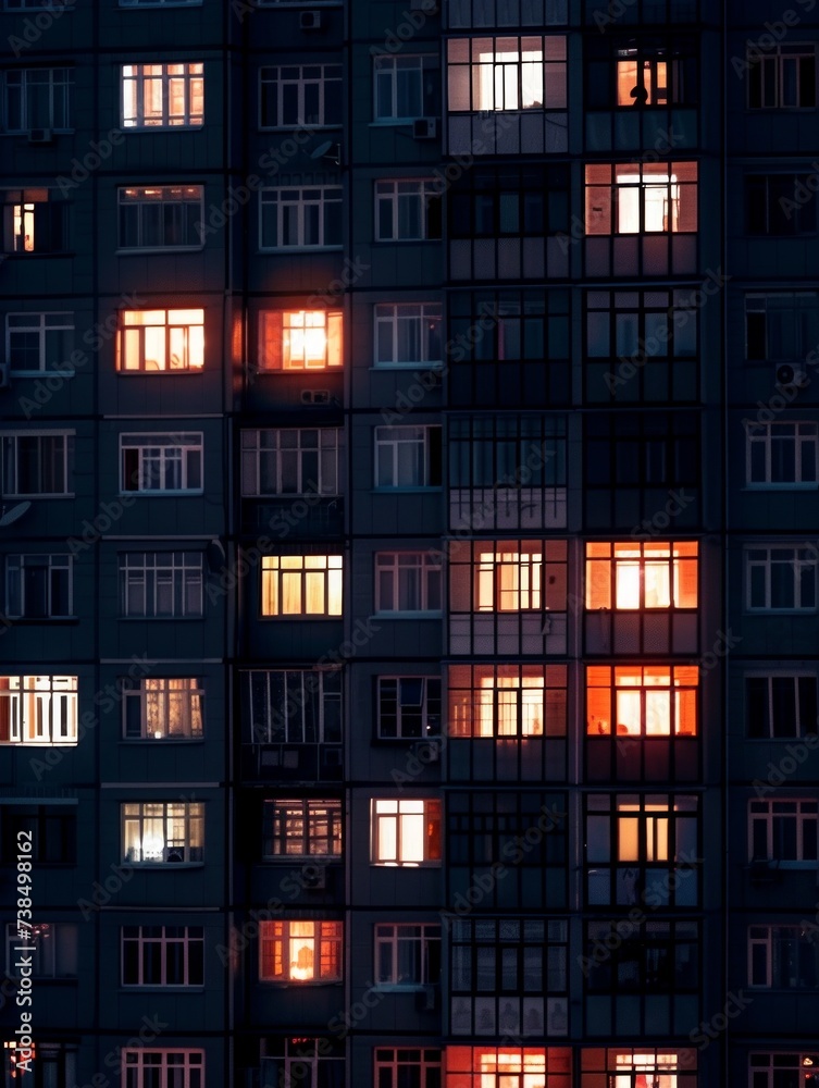 Residential building windows glowing in the dark, urban cityscape at dusk