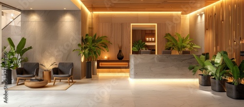 Wellness center interior at hotel with reception area. photo