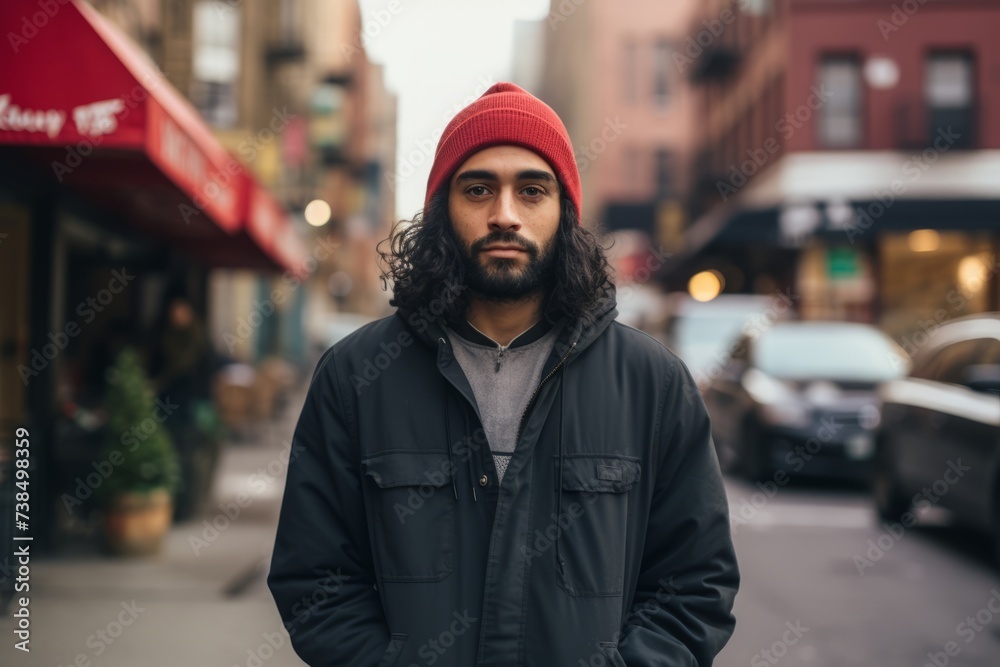 young handsome bearded hipster man with long curly hair in urban background young handsome bearded hipster man with long curly hair in urban background