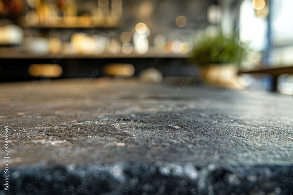 Close-up shot on an empty and rustic kitchen's countertop that with rough and black stone surface, blurred background for copy space... Close-up shot on an empty and rustic kitchen's countertop that with rough and black stone surface, blurred background for copy space...