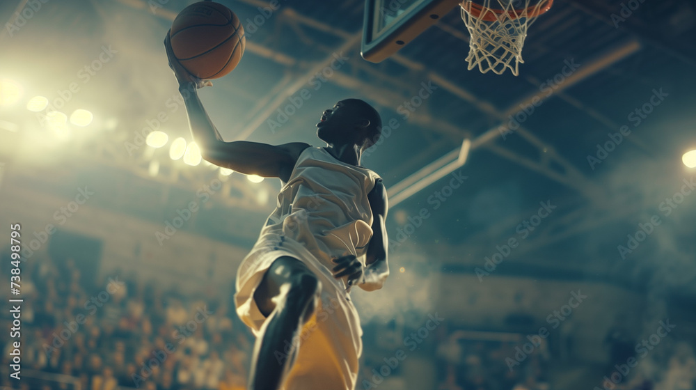 Dynamic Moment on the Court: A Basketball Player in Mid-Air About to Score, Captured from an Engaging Angle with the Arena Lights Creating an Atmospheric Backdrop