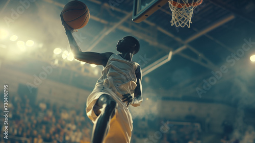 Dynamic Moment on the Court: A Basketball Player in Mid-Air About to Score, Captured from an Engaging Angle with the Arena Lights Creating an Atmospheric Backdrop